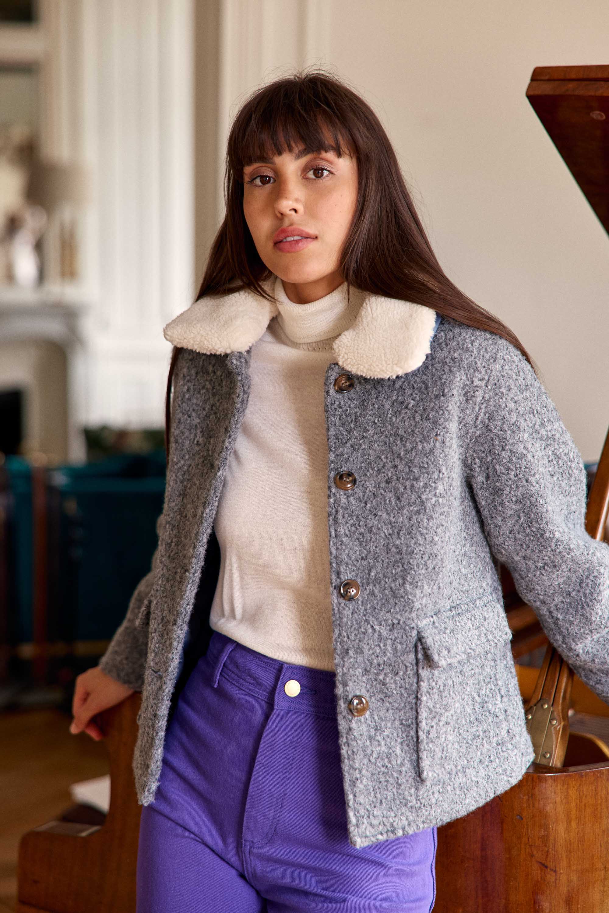 Manteau à col fausse fourrure gris - Nattie